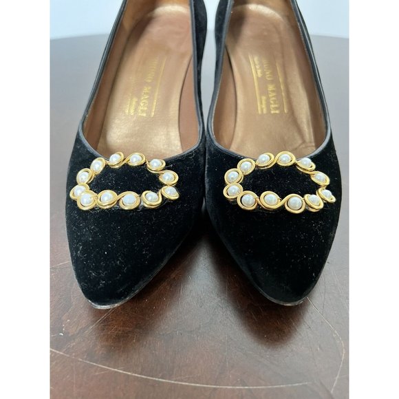 VTG Bruno Magli 90s Black Velvet Pumps Gold Heels Classic Italy Sz 8 - Picture 4 of 12